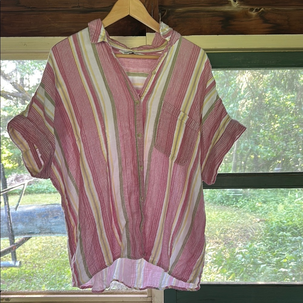 Sonoma 100% Cotton Gauzy Striped Pink and White Button-Up Boxy Top